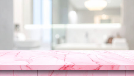 Pink marble table top on blur bathroom background - can be used for display or montage your productsの素材