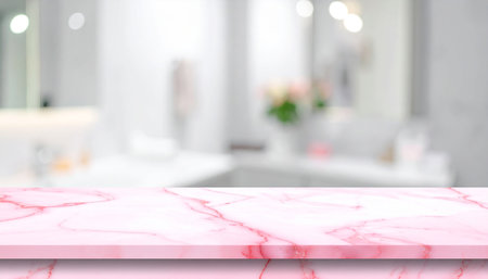 Pink marble table top on blur bathroom background, product display montageの素材
