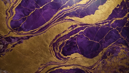 Purple and gold marble pattern with golden veins. Abstract background.の素材