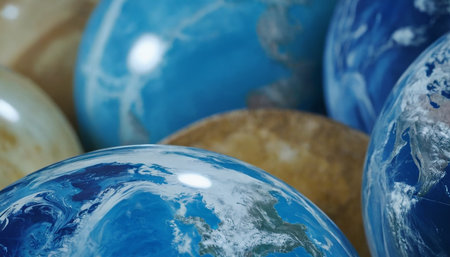 Blue and brown marble globes in a wooden bowl, 3D renderingの素材