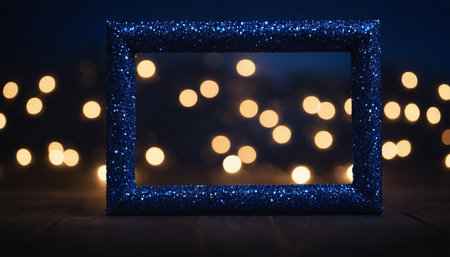 Blue glitter photo frame on wooden table and bokeh lights on backgroundの素材