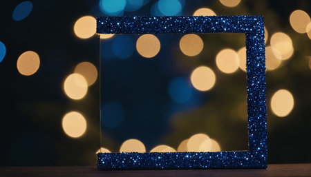 Blank photo frame with bokeh lights on background. Mock up for designの素材