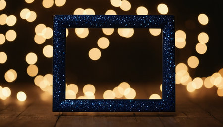 Blank photo frame on wooden table with bokeh lights in backgroundの素材