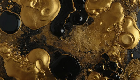 3d illustration of black and golden oil splashes on dark backgroundの素材