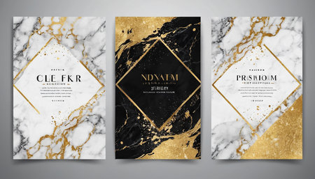 Luxury gold and black cards set with marble texture. Vector illustrationの素材