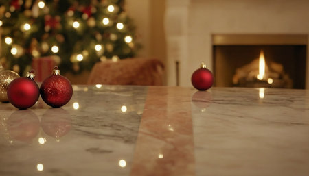 Christmas tree and red balls on a marble table in front of a fireplaceの素材