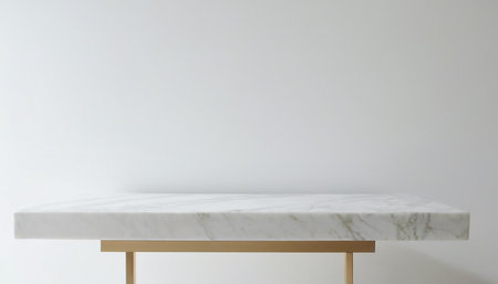 White marble countertop on a white wall background. Mock up.の素材