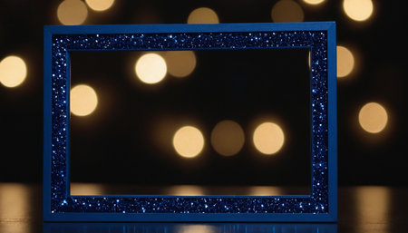 Blue photo frame with bokeh lights on dark background, closeupの素材