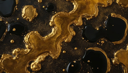 Black and gold oil splashes on black background. 3d renderingの素材