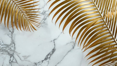 Gold palm leaves on white marble background. Flat lay, top view.の素材