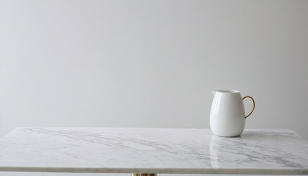 White ceramic jug on white marble table with copy space, stock photoの素材