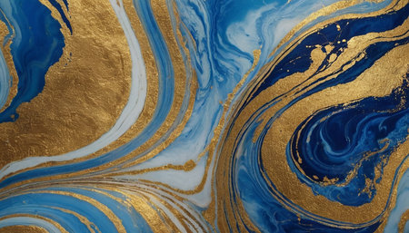 Marble abstract acrylic background. Blue marbling artwork texture. Agate ripple pattern. Gold powder.の素材