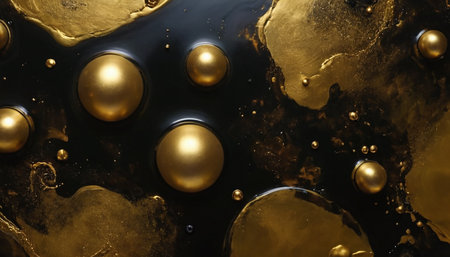 Abstract gold and black background with golden balls. 3d render illustrationの素材