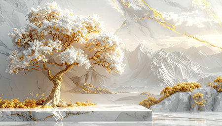 3D rendering of white marble podium with abstract marble background and golden tree.の素材