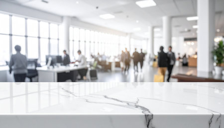 Empty white marble table top and blurred background of business people walking in the officeの素材