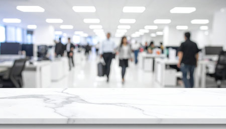Empty white marble table and blurred people in modern office background, product display montageの素材