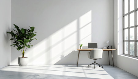 Interior of modern office with white walls, concrete floor, white computer desk and plant in pot. 3d renderingの素材