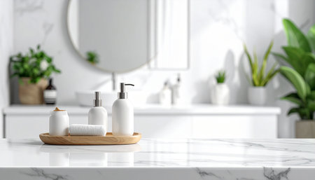 Set of cosmetic bottlesle table in bathroom, 3d renderの素材