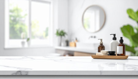 Cosmetic bottles on white marble countertop in bathroom. 3d renderingの素材