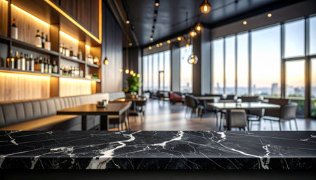 Empty marble table top and blur restaurant background, product display montageの素材