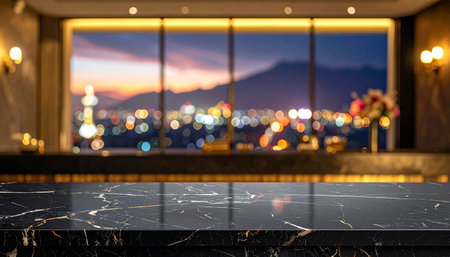 Empty black marble table top and blur restaurant with bokeh light background.の素材
