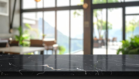 Empty black marble table top and blurred interior background. For product displayの素材