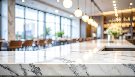 Empty white marble table and Coffee shop blur background with bokeh image.の素材
