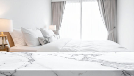 White marble table top and blur bedroom interior background - can be used for display or montage your productsの素材