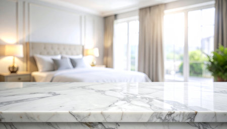 Marble table top and blur bedroom interior background, for product display montageの素材