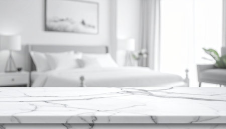 White marble table top with blur bedroom interior background, product display montageの素材