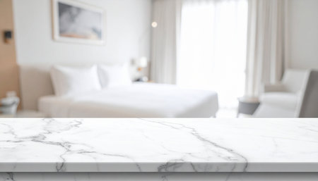 White marble table top and blur bedroom interior background - can be used for display or montage your productsの素材