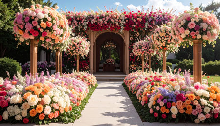 Colorful flower arrangement in the garden with arch and arbor.の素材