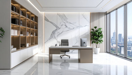 Interior of modern office with white marble walls, tiled floor, panoramic window and bookcase with folders. 3d renderingの素材