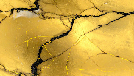 golden abstract background from natural stone with cracks and scratches, design elementの素材