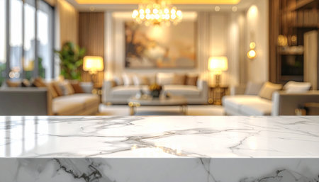 White marble table top and blur living room background, product display montageの素材