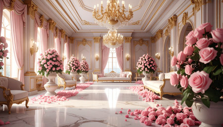 Classic interior of royal palace decorated with pink roses. 3D renderingの素材