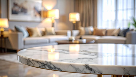 White marble table top in modern living room interior with sofa and tv.の素材