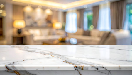 White marble table top with blur living room background. For product displayの素材