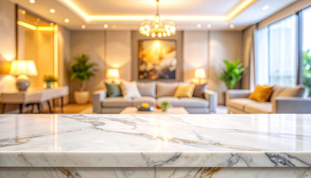 White marble table top and blur living room interior background - can be used for display or montage your productsの素材