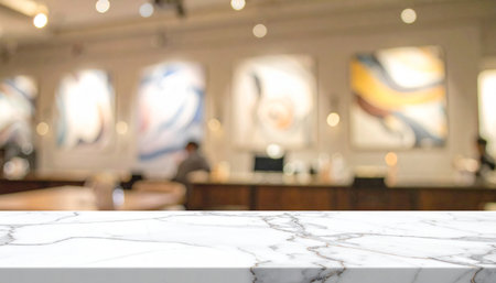 Empty white marble table and Coffee shop blur background with bokeh image.の素材