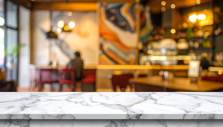 Selected focus empty white marble table and Coffee shop blur background with bokeh image. for your photomontage or product displayの素材