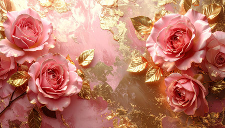 3d render, abstract background with pink roses and golden leaves.の素材