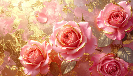 Beautiful pink roses on a gold background. 3d illustration.の素材