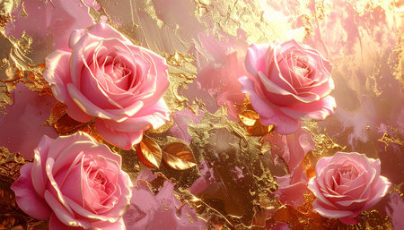 3d render, abstract background with pink roses and gold foil textureの素材