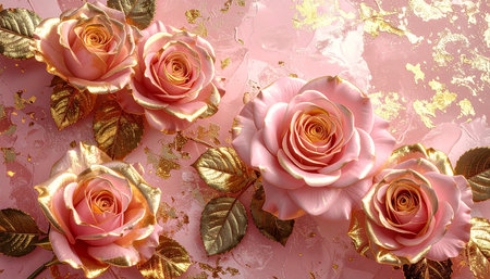 Beautiful pink roses with gold leaves on pink background. 3d renderingの素材