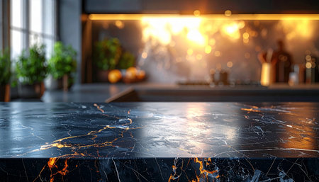 Black marble countertop in modern kitchen. Blurred background. 3D Renderingの素材