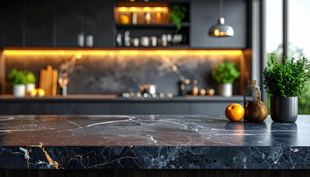 Close up of dark marble countertop in modern kitchen. Mock up, 3D Renderingの素材
