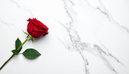 Red rose on white marble background with copy space for your text.の素材