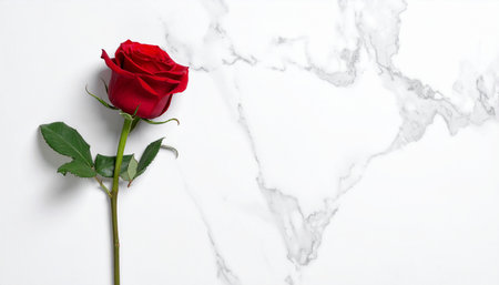 Red rose on white marble background. Flat lay, top view.の素材