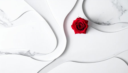 Red rose on white marble background with copy space, top view.の素材